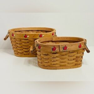 Vintage Apple Themed Woven Wooden Nesting Baskets Oval Handles Brown Set Of 2